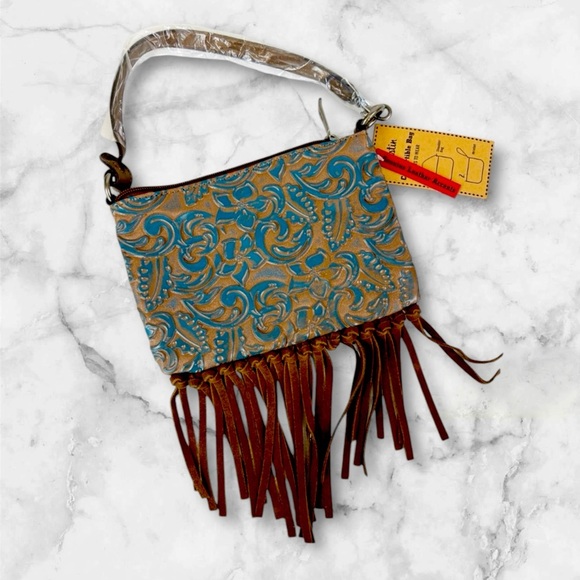 JUSTIN BOOTS Mini Shoulder Bag Stylish Blue and Brown Fringe Clutch - Picture 1 of 3